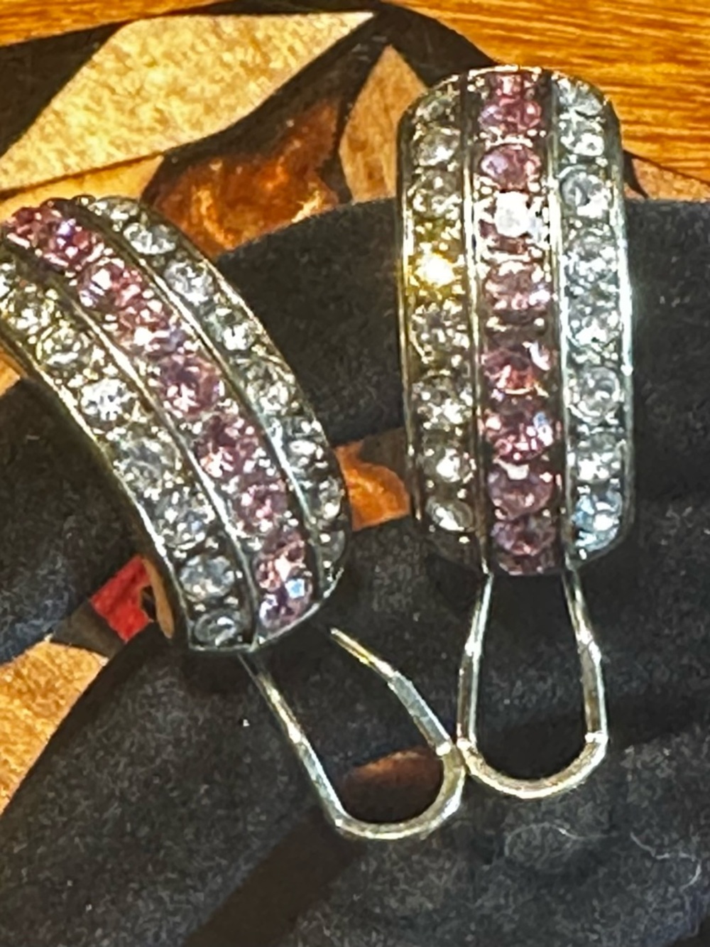 Heidi Daus Pink Crystal Hoop Omega Earrings “Tantalizing Trio” with Gold box